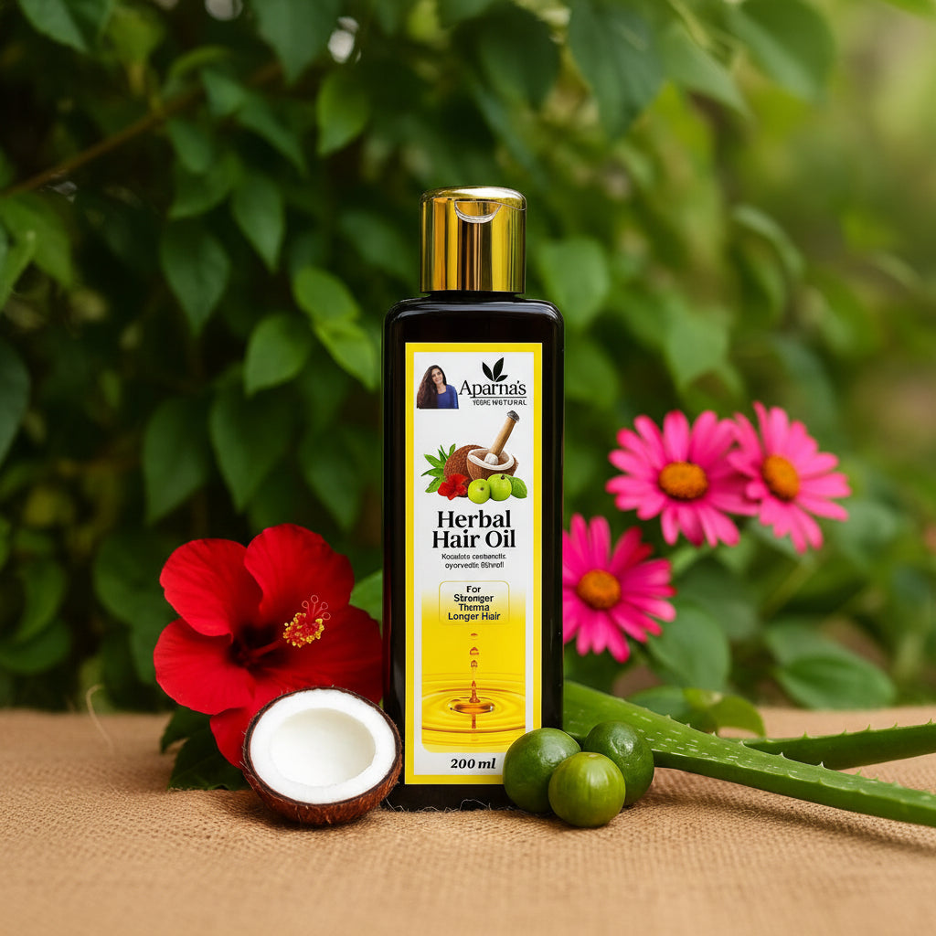 Aparna's Herbal Hair Oil bottle with a natural background featuring flowers and a coconut.