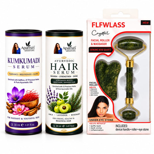 Kumkumadi Serum + Hair
 Regrowth serum
Get FREE Gua sha facial roller