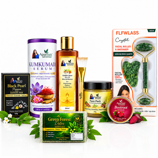 SKIN CARE COMBO                              SKIN OIL + FACE PACK + KUMKUMADI SERUM + BLACK PEARL SOAP + BEETROOT LIP BALM + FREE Gua sha & GREEN FOREST DETOX SOAP