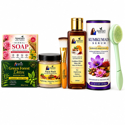 Kumkumadi Serum + skinoil +
Facepack +Green forest detox 
Get FREE Herbal soap + 4in1 Facescrub